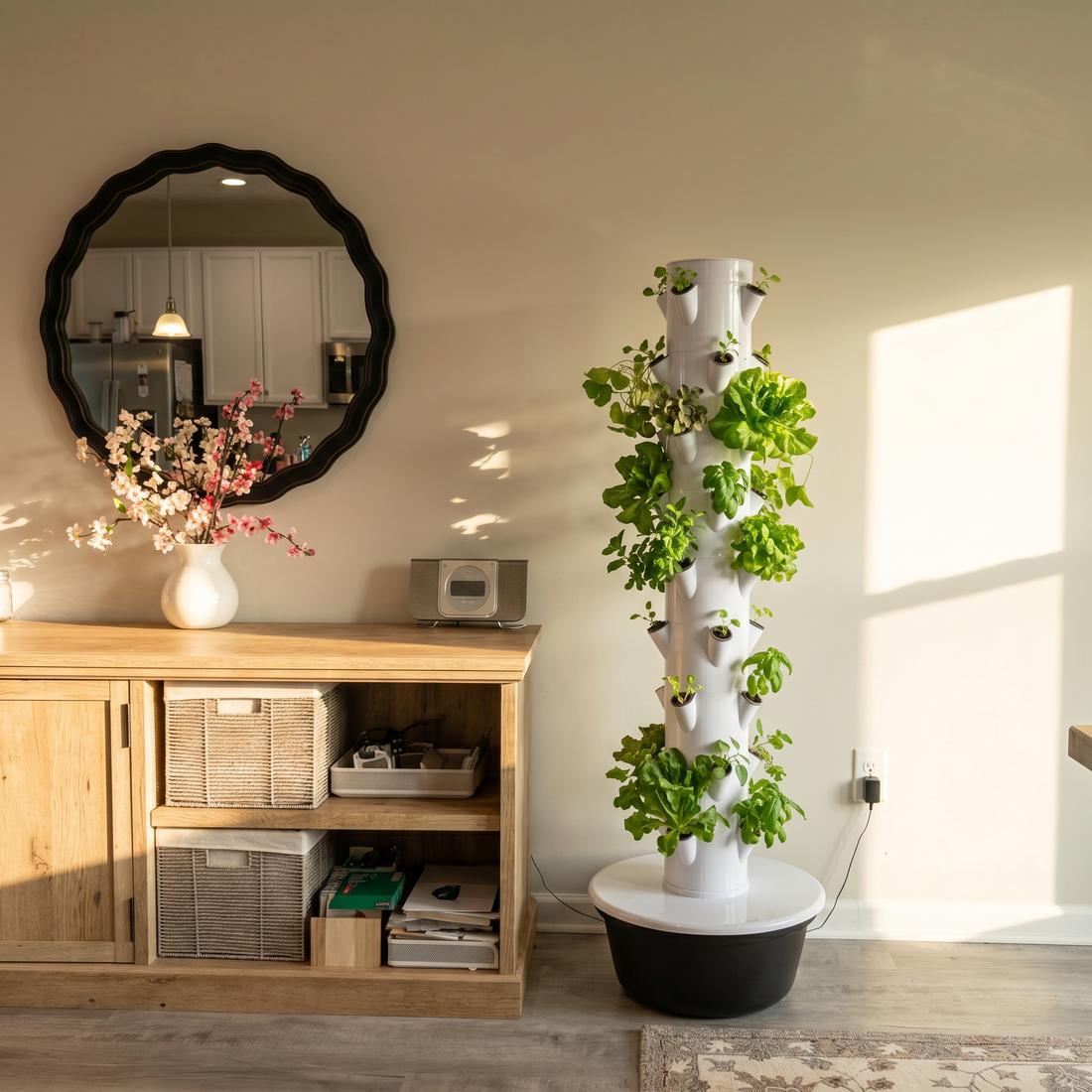 Greenly Grove vertical hydroponic tower system growing fresh herbs and lettuce in a home living space